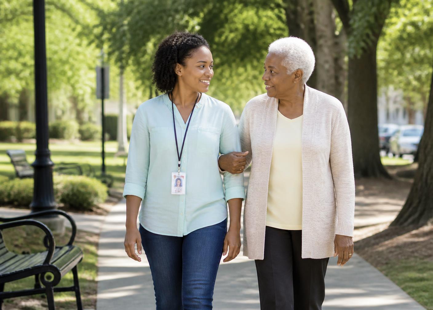 A sponsor walking through a neighborhood park beside the older adult she supports