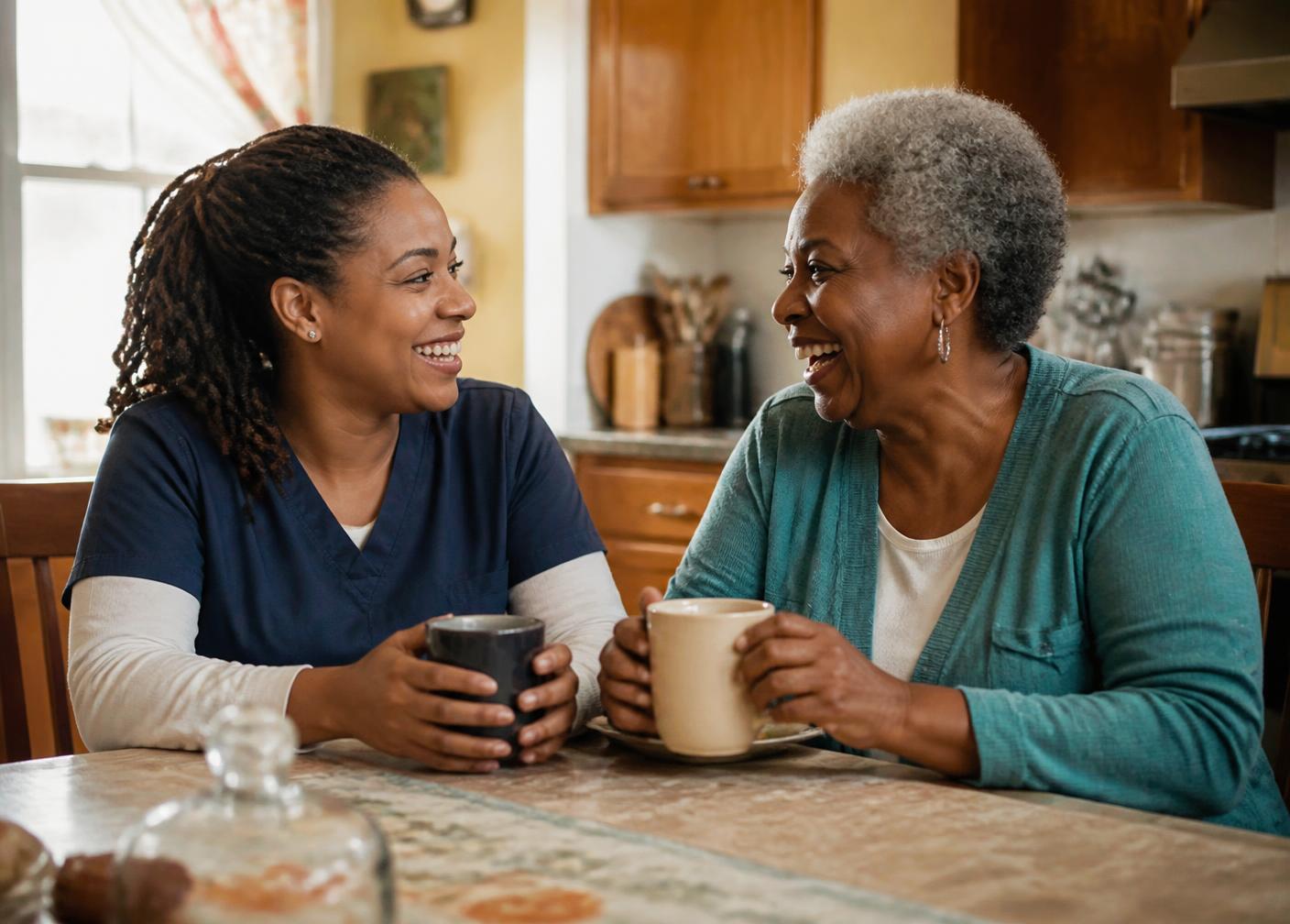 A sponsor and the older adult she supports laughing together over coffee at a kitchen table