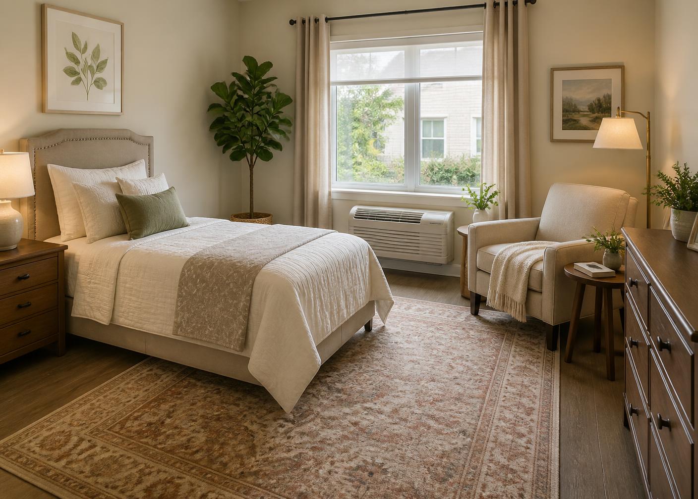 A bright, clean bedroom and sitting area prepared for a resident