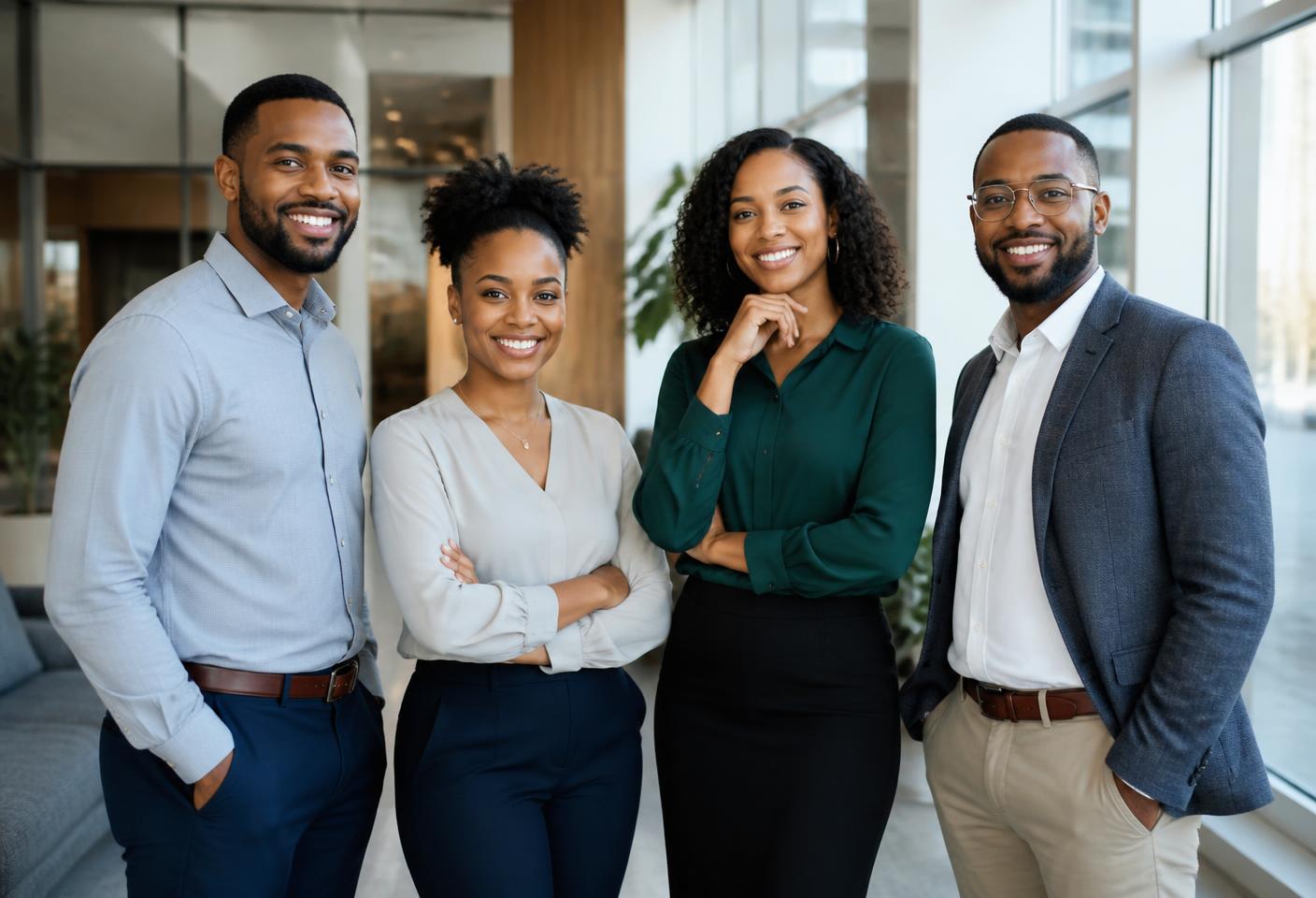 Four DE-Trans staff members standing together in an office lobby