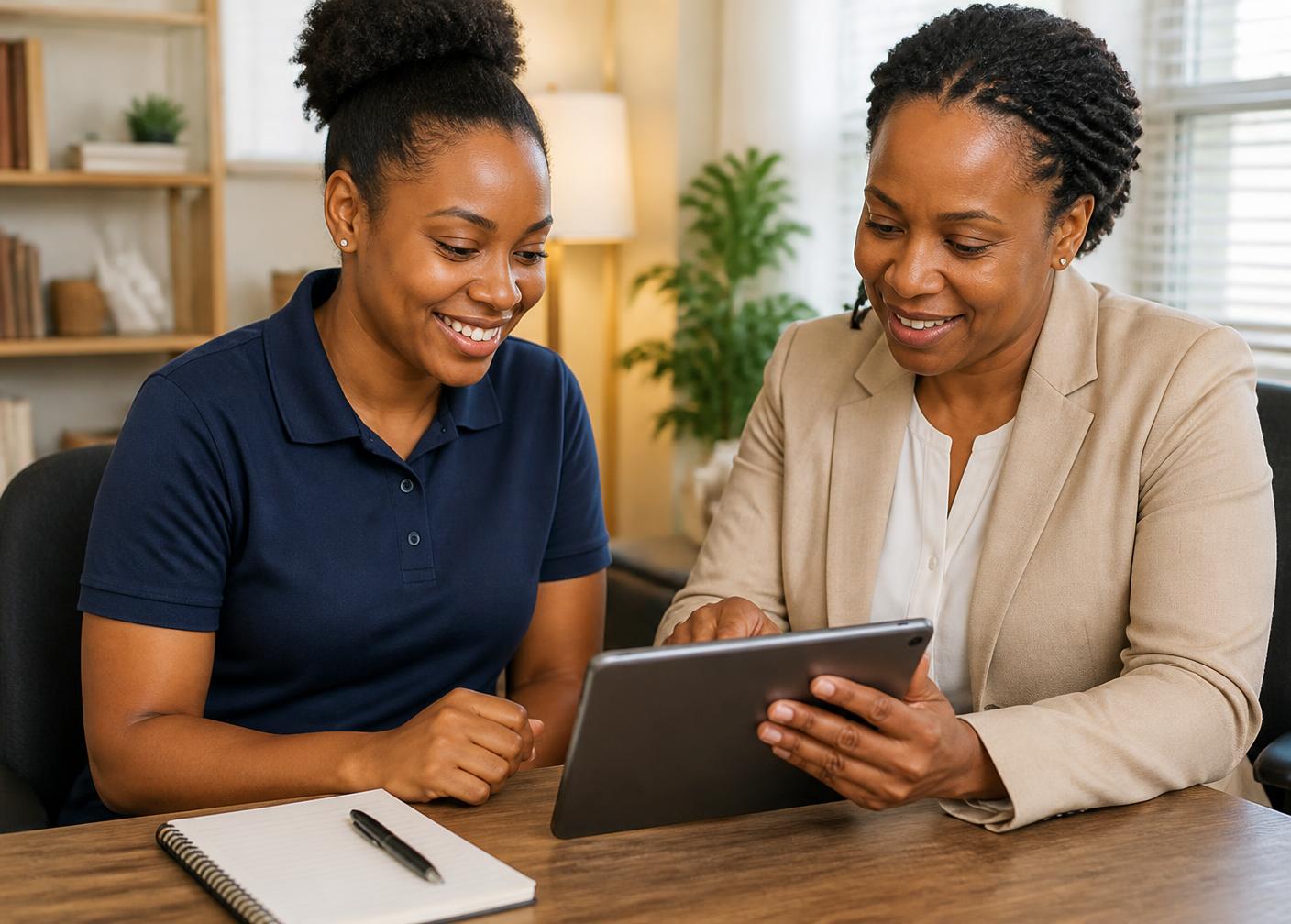 A sponsor and a DE-Trans staff member reviewing a care checklist together on a tablet